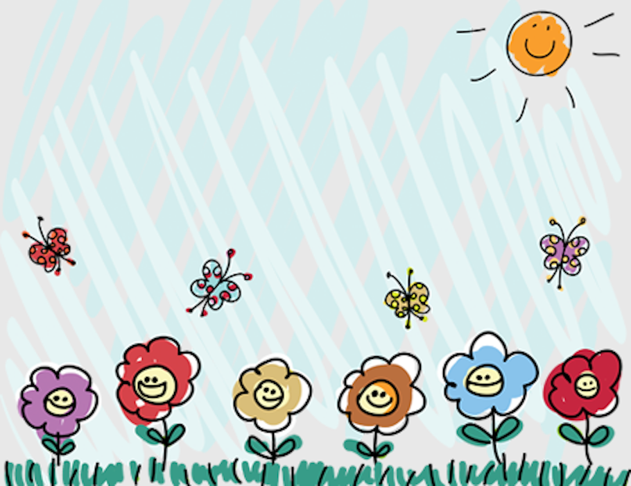 Child's drawing of flowers and sunshine