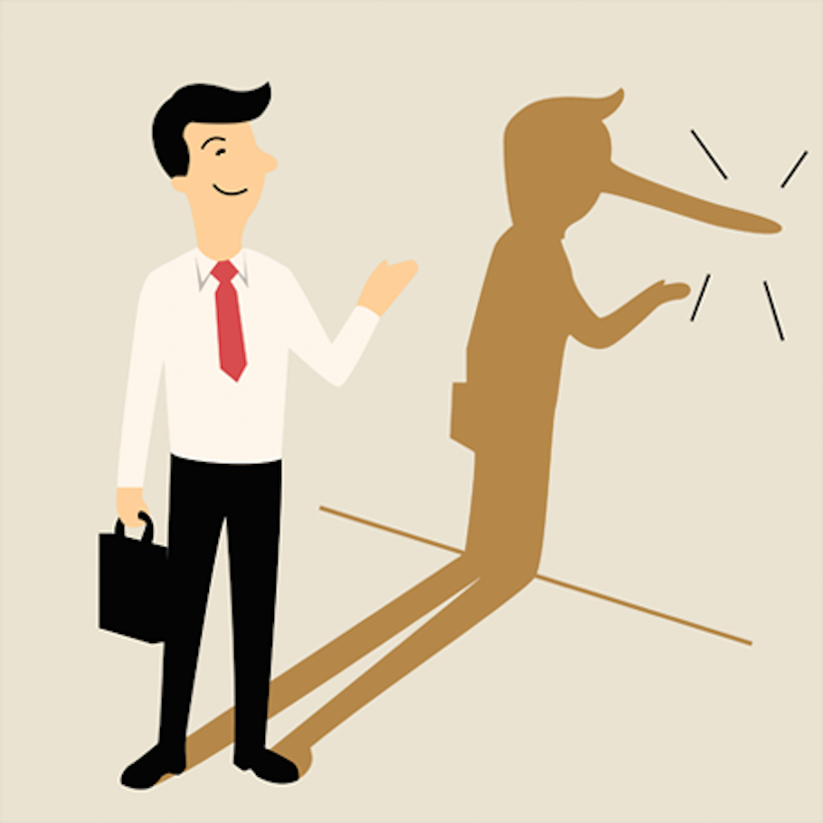 Businessman with a lying pinocchio nose in his shadow