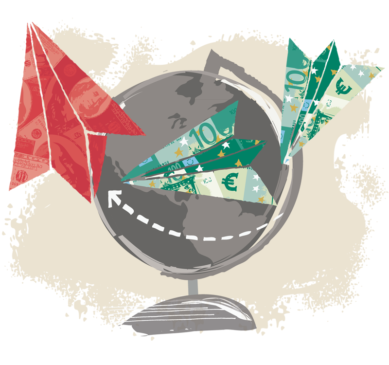 Money paper airplanes flying around globe