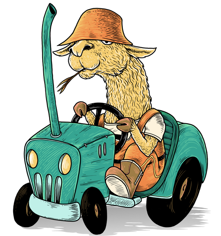 Larry das Lama als Bauer auf seinem Traktor