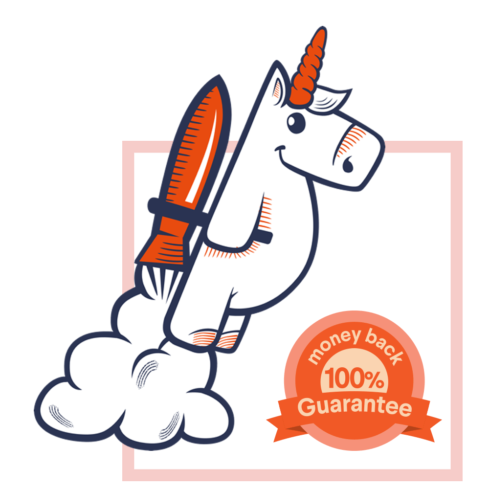 Unicorn with a rocket jet pack, with a 100% money-back guarantee stamp in the corner.