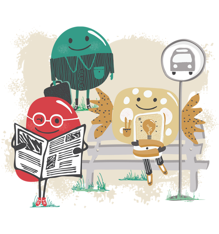 Candy people at a bus stop