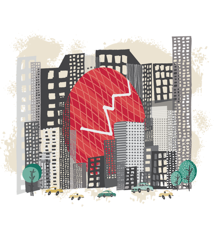 skyline with cracked egg