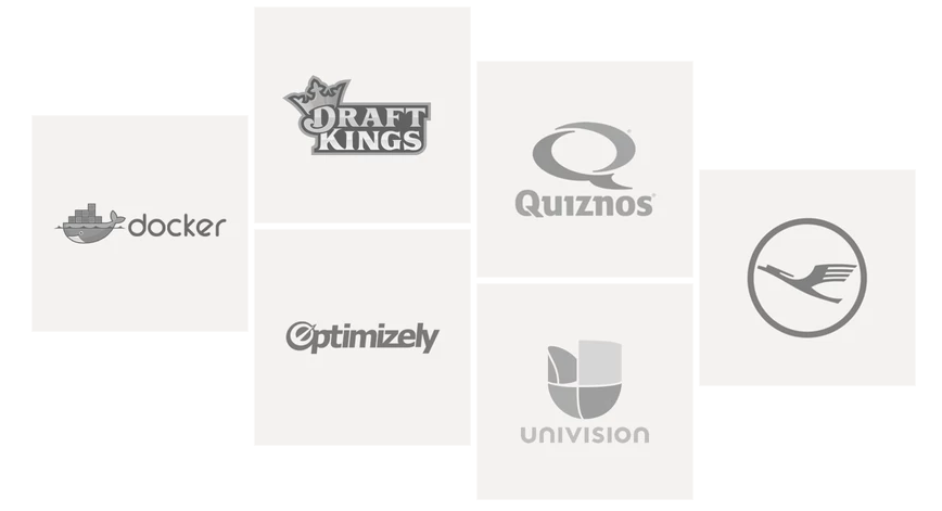 Grid of multiple logos made on 99designs such as Docker, Optimizely, Quiznos, & more.