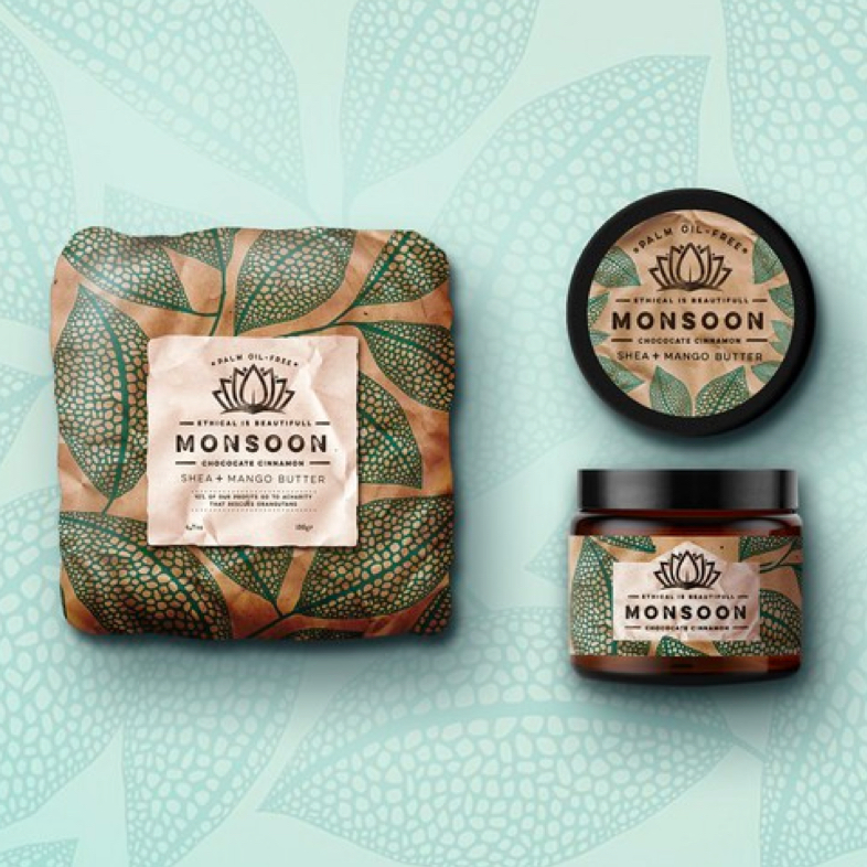 Monsoon custom packaging design with green leaves and colorful packaging done on 99deisgns.