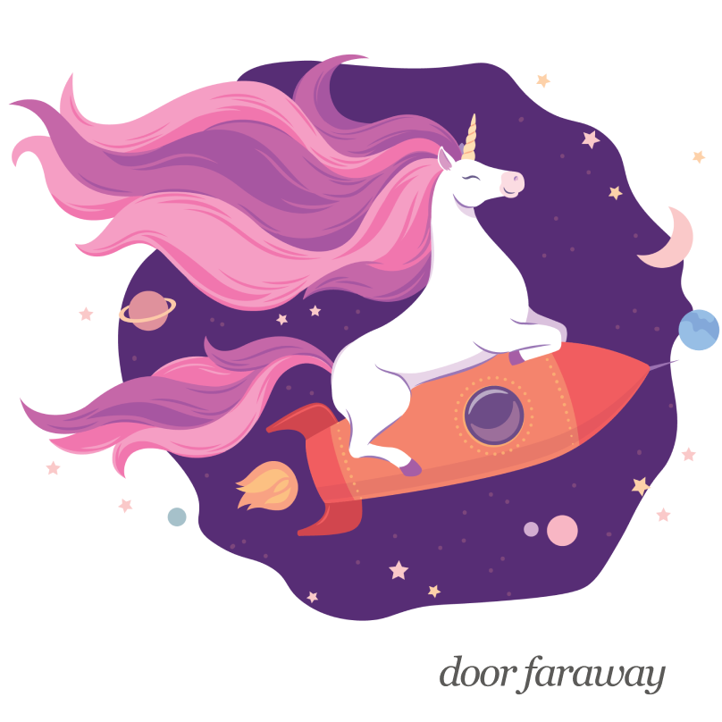 90+ ontwerp categorieën - plaatje van een eenhoorn op een raket. 