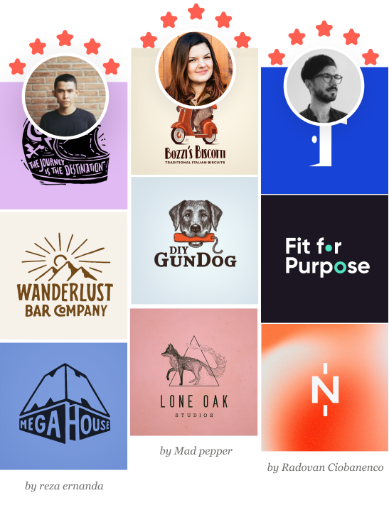 3 Logo designs made on 99designs arranged in a square, with the top right space empty that says "Your new logo here".